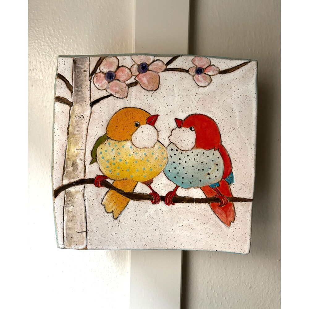 Three Wheel Studio Flowers Birds Berries Dish 8" Handmade Stoneware Signed NEW
